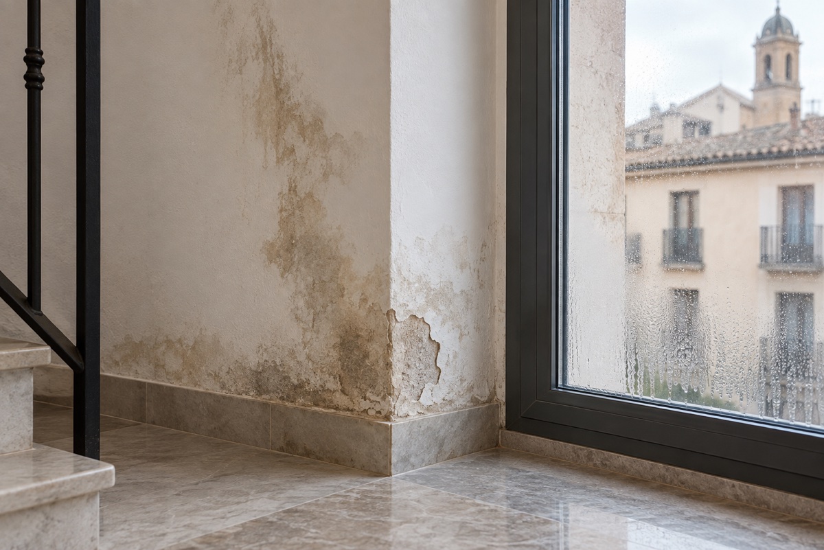 Humedad y pintura desprendida junto a una ventana